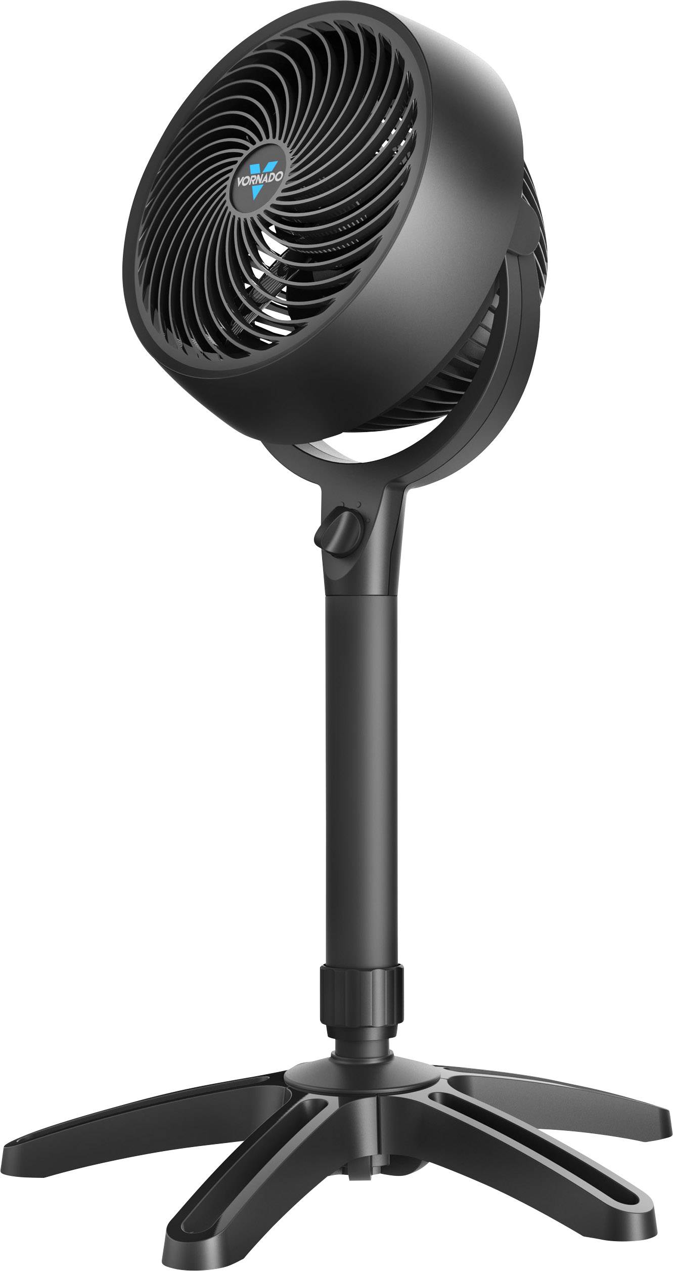 Schwarzer Tischventilator mit verstellbarem Standfuß und runden Lüfterblättern. Geeignet für Luftzirkulation in Innenräumen.