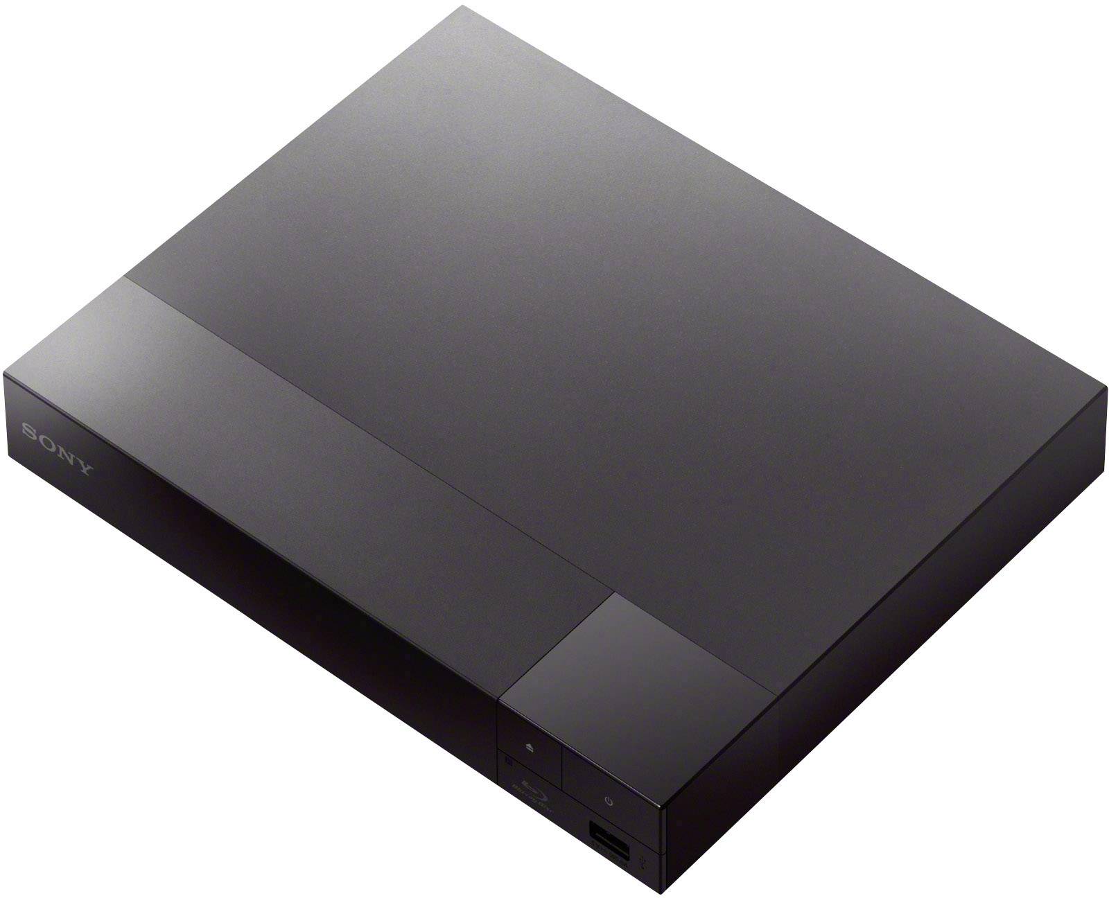Schwarzer Sony Blu-ray-Player mit eckigem Design, zeigt Ober- und Vorderseite.