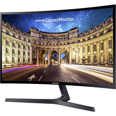Ein gebogener Samsung-Monitor zeigt ein beleuchtetes Gebäude mit einem Bogen bei Nacht. Text oben: 'Samsung Curved Monitor'.