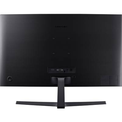 Rückansicht eines schwarzen Bildschirms mit Standfuß. Zeigt Anschlüsse und Steuerungselemente auf der Rückseite des Monitors.