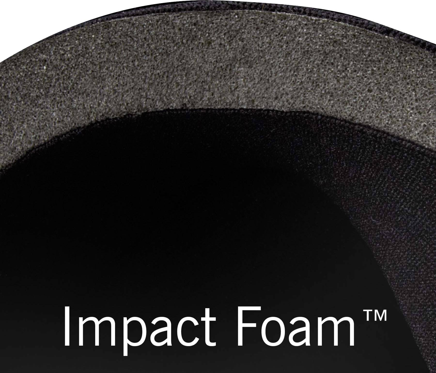 Schnittbild eines Helms mit Schaumstoffpolsterung und dem Text 'Impact Foam', der auf die Schutzfunktion hinweist.