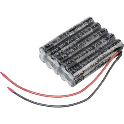 Ein Bündel AA-Batterien mit rotem und schwarzem Kabel ist in einem Schrumpfschlauch verpackt, vermutlich zur Stromversorgung verwendet.