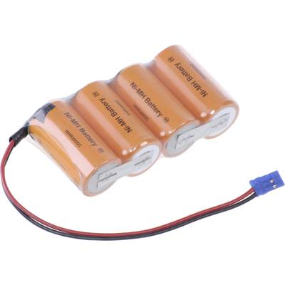 Ein Block von fünf in Serie geschalteten Ni-MH-Batterien mit orangefarbenem Gehäuse und blauer Anschlussbuchse.