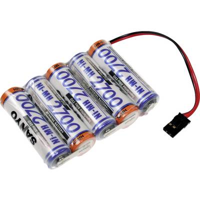 Wiederaufladbarer Ni-MH-Akku mit sechs zylindrischen Zellen, verbunden durch Drähte und einem schwarzen Stecker am Ende.