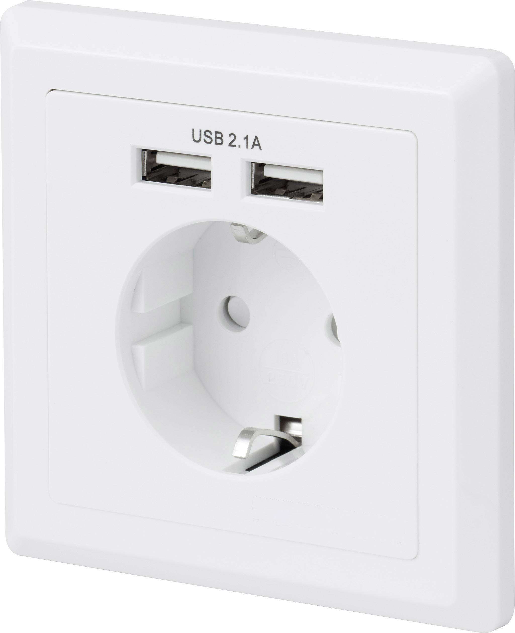 Weiße Steckdose mit zwei USB-Anschlüssen (2.1A).