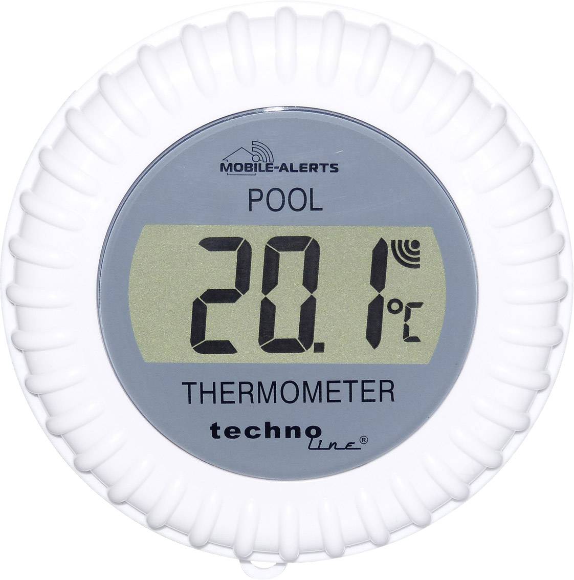 Rundes Poolthermometer mit digitaler Anzeige zeigt 20,1 Grad Celsius.