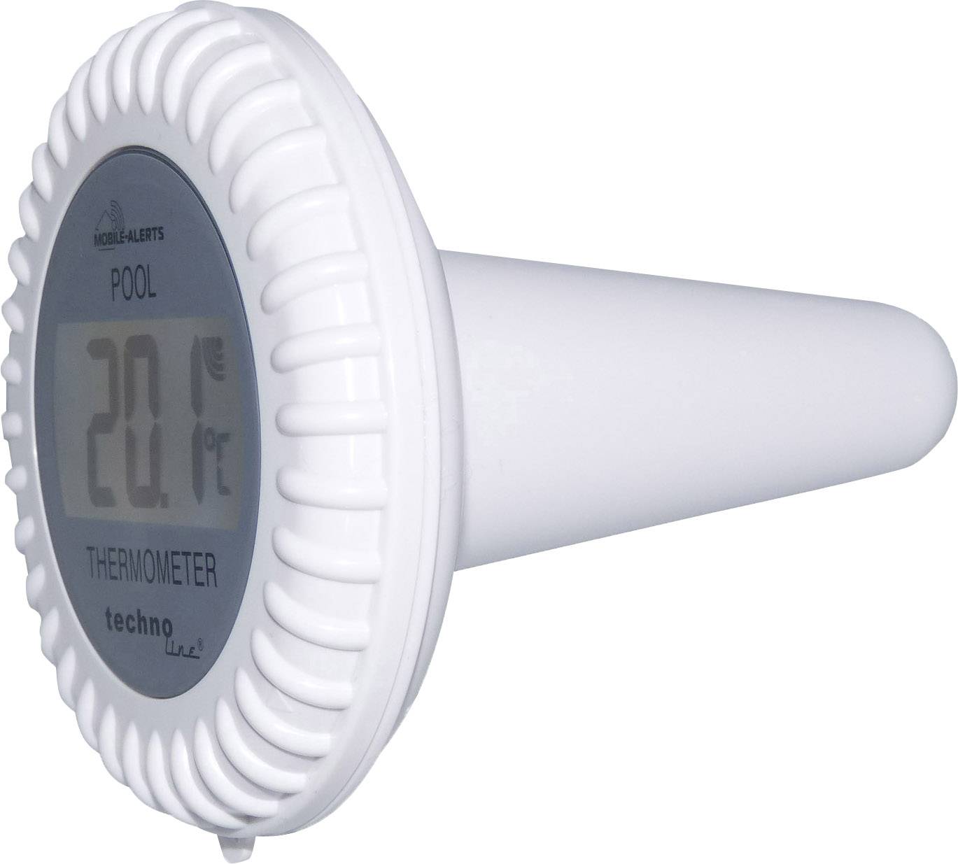Ein weißer Pool-Thermometer mit digitalem Display zeigt '20.1°C' an.