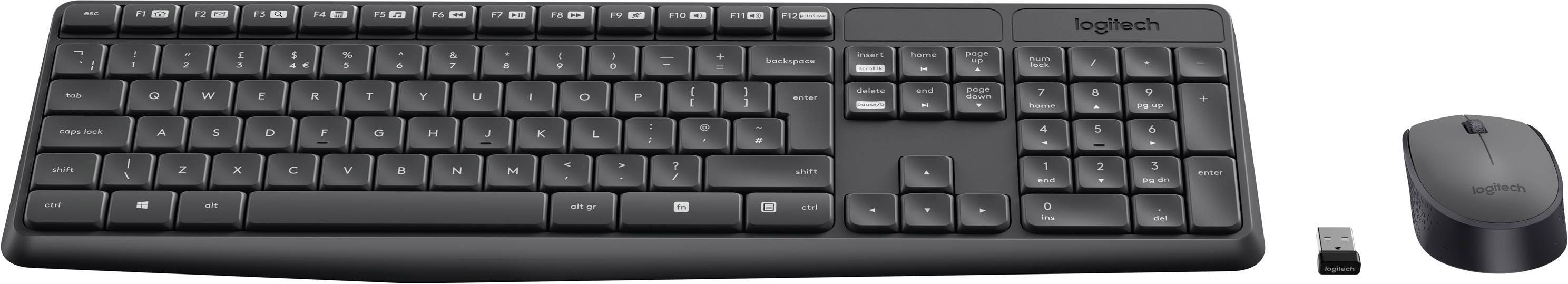 Kabellose schwarze Tastatur mit Ziffernblock, daneben eine graue kabellose Maus und ein USB-Empfänger. Ideal für Büroarbeiten.