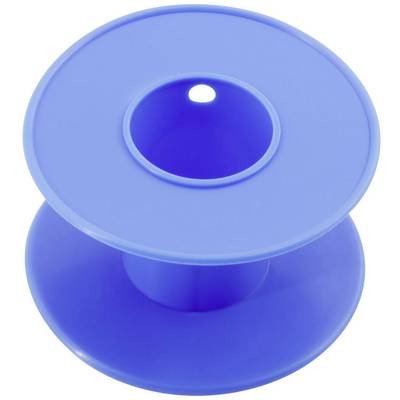 Leere blaue Kunststoffspule mit mittlerem Loch, zur Aufbewahrung von Draht oder Faden geeignet.
