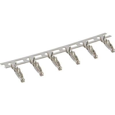 Eine Reihe von sechs Metallklammern in einem gleichmäßigen Abstand auf einem Halter. Sie dienen zur Befestigung von elektrischen Kontakten.