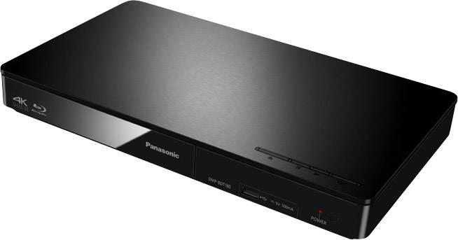 Ein schwarzer 4K Blu-ray-Player von Panasonic mit einem schlichten, rechteckigen Design und minimalen Bedienelementen an der Vorderseite.