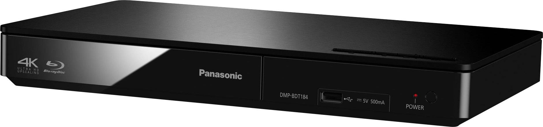 Ein schwarzer Blu-ray-Player der Marke Panasonic mit 4K UHD-Logo, USB-Anschluss und Power-Taste an der Vorderseite.