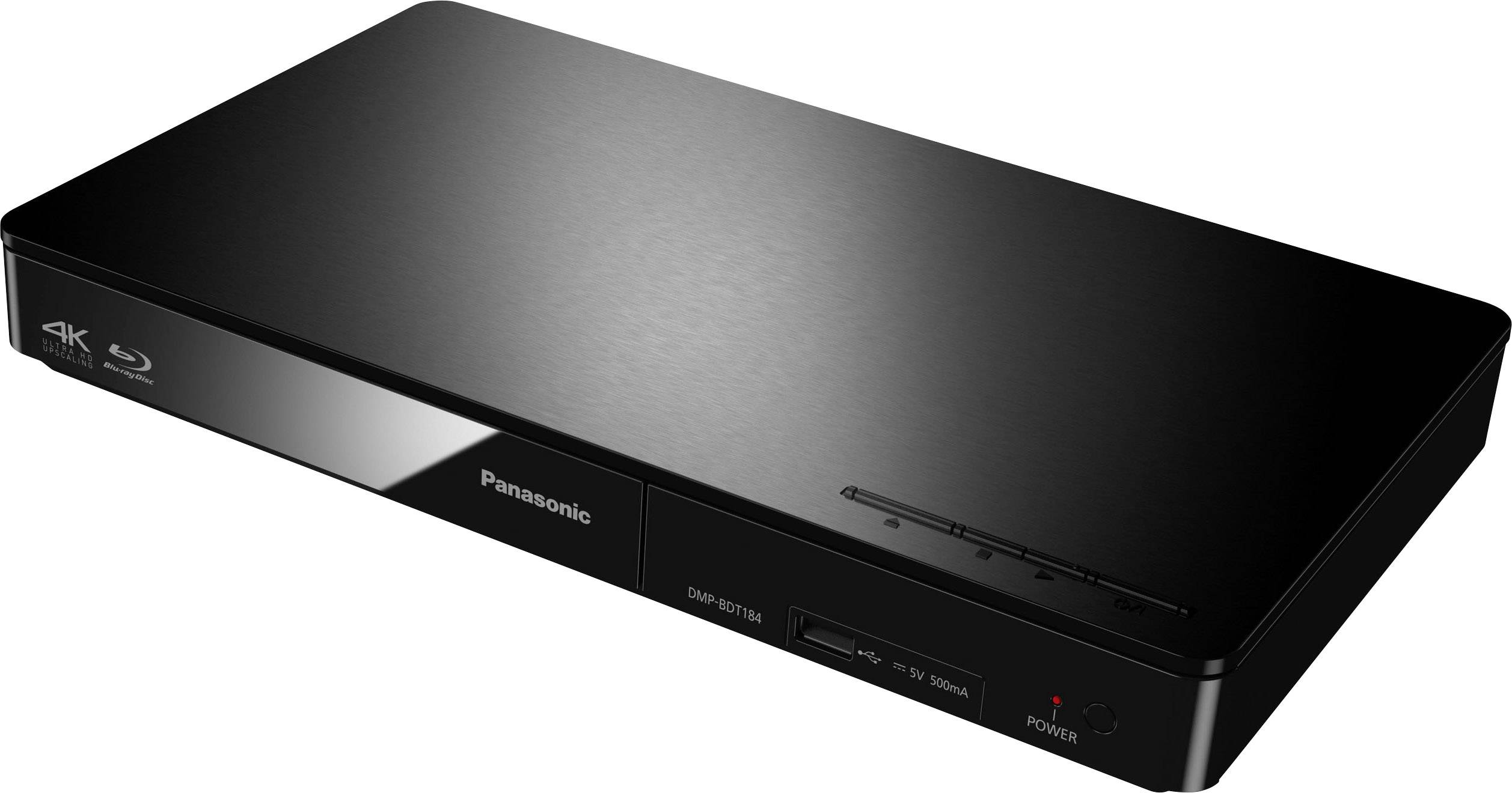 Ein schwarzer 4K Blu-ray-Player von Panasonic, Modell DMP-UB314 mit Tasten auf der Vorderseite und einem Power-Anzeigelicht.