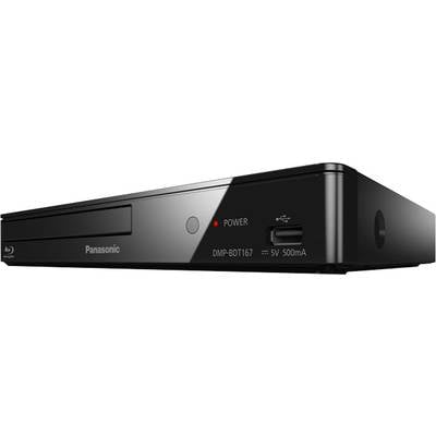 Ein schwarzer Panasonic Blu-ray-Player, Modell DMP-BDT167, mit Einschubfach, Power-Taste und USB-Anschluss an der Vorderseite.