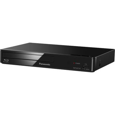 Ein schwarzer Panasonic Blu-ray-Player mit sichtbarem Einschubfach, Power-Anzeige und USB-Anschluss auf der Vorderseite.