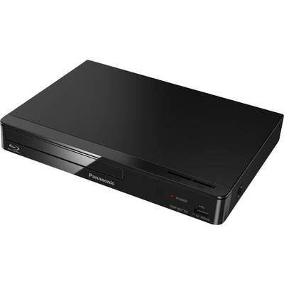 Schwarzer Panasonic Blu-ray-Player mit schlankem Design. Vorderseite zeigt Einschaltknopf und Disc-Lade.