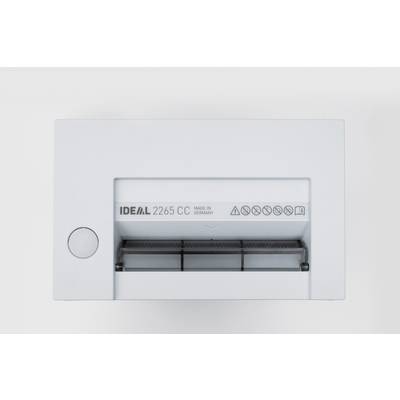 Papier-Schredder von oben mit Aufschrift 'IDEAL 2265 CC'. Enthält Symbole für Sicherheits- und Betriebsinformationen.