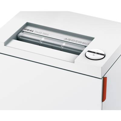 Ein grauer Aktenvernichter mit dem Schriftzug 'IDEAL 2445'. Sichtbar ist die Einfüllöffnung und ein runder Schalter auf der Oberseite.