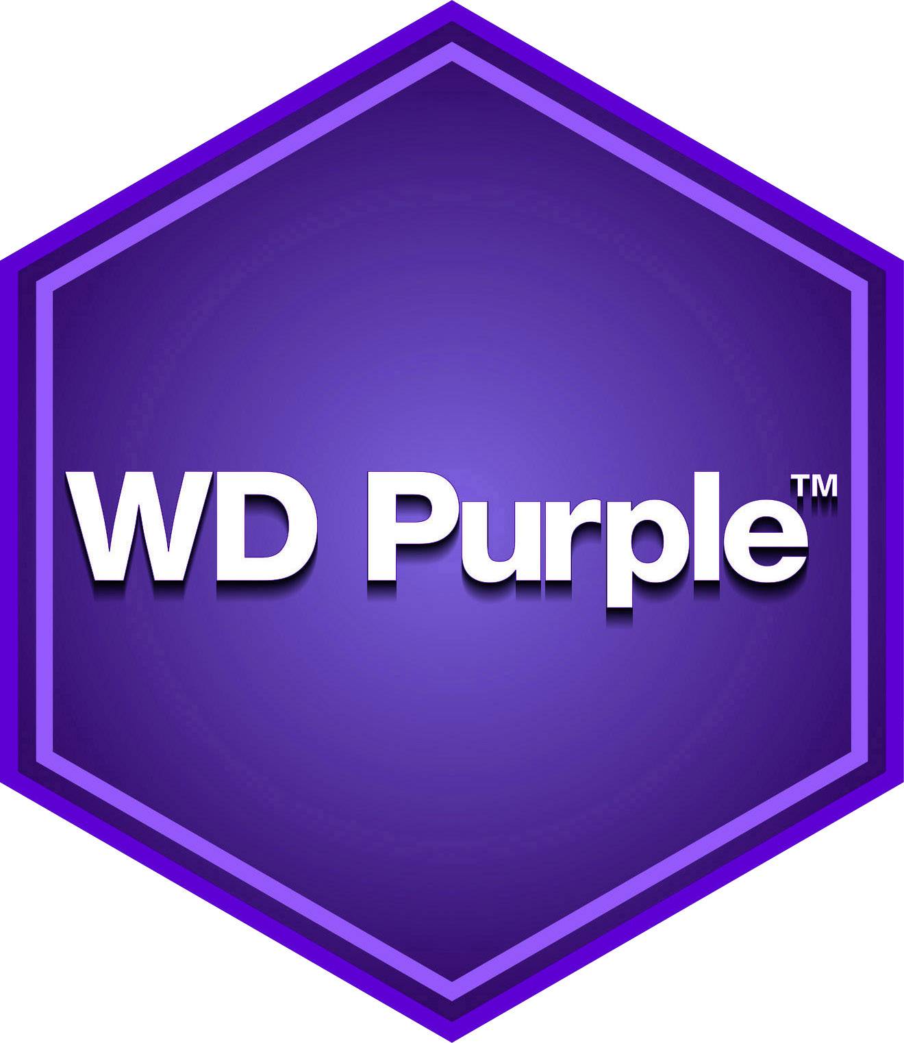 Sechseckiges Logo mit lila Hintergrund zeigt den weißen Text 'WD Purple'.