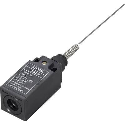 Ein rechteckiger, schwarzer Endschalter mit langer, dünner Metallfeder oben. Aufschrift: 'XURUI XZ-8106, Limit Switch, CE'.