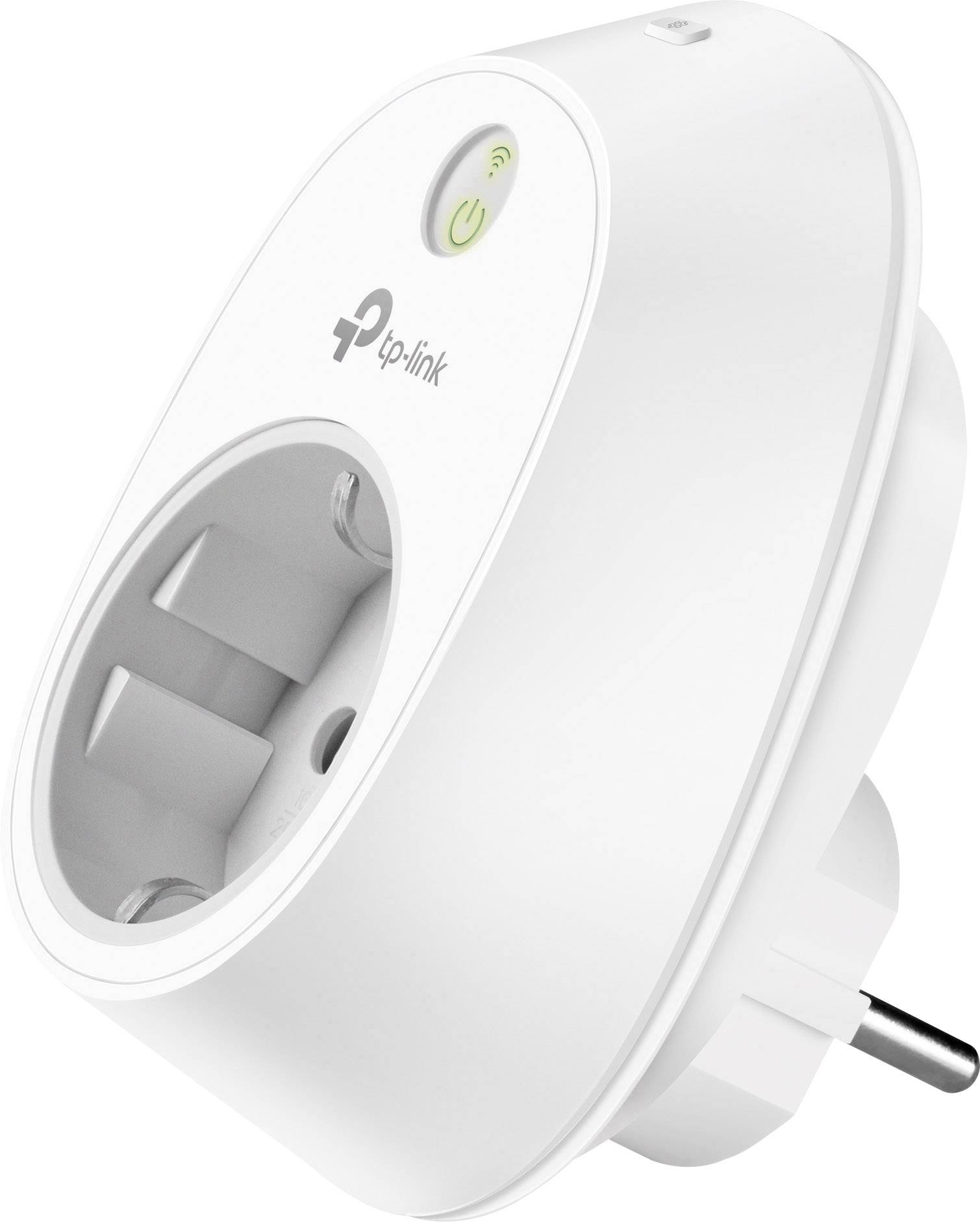 Ein weißer TP-Link Smart-Stecker mit Ein/Aus-Taste und Wi-Fi-Symbol, geeignet zum Fernsteuern elektrischer Geräte.