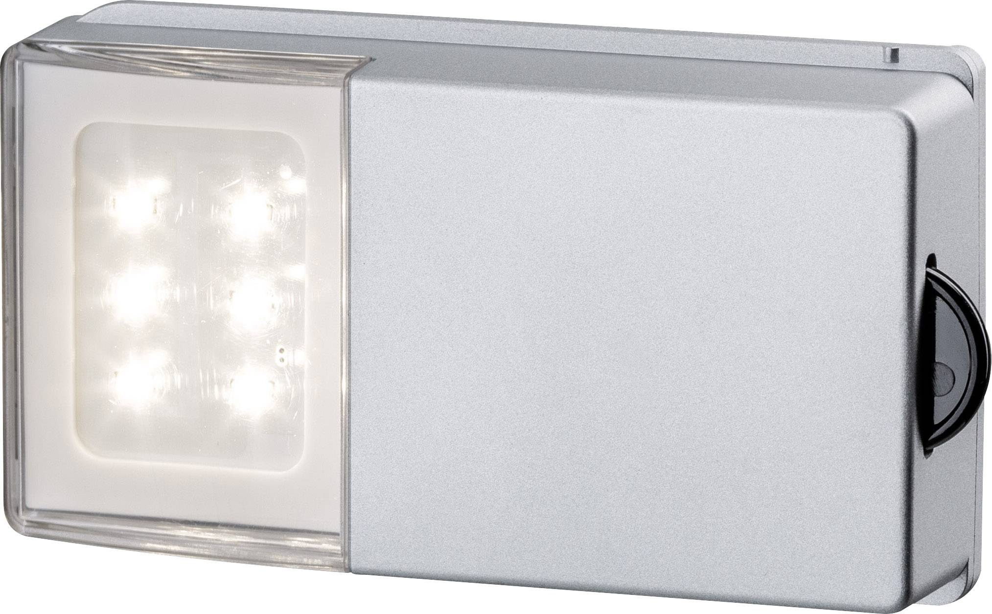 Silberne LED-Wandleuchte mit rechteckigem Gehäuse und sichtbar leuchtenden LEDs, geeignet für moderne Innenraumbeleuchtung.