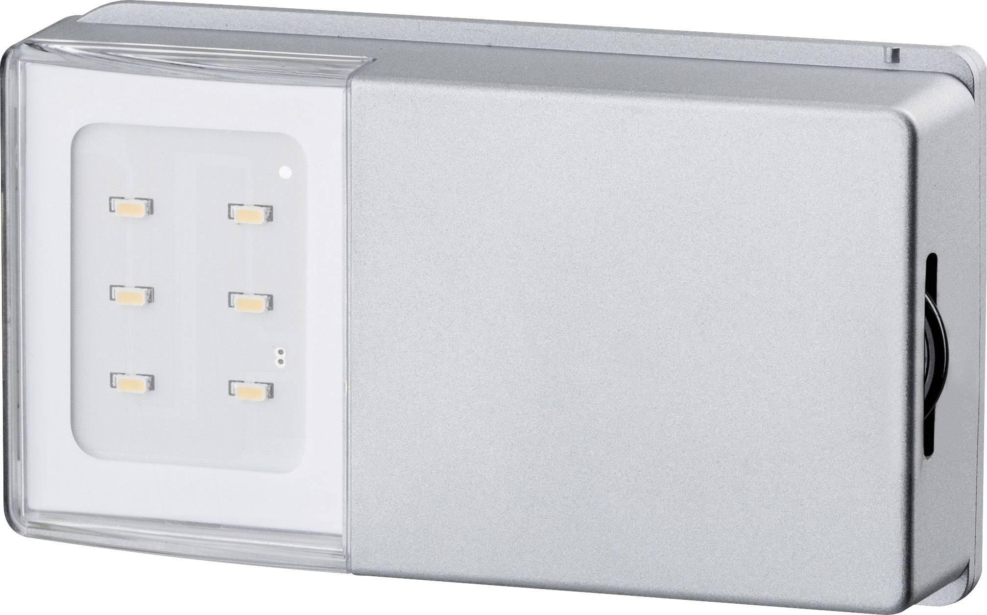 Rechteckige LED-Lampe mit silbernem Gehäuse und sechs sichtbaren LEDs. Eignet sich zur Beleuchtung in modernen Innenräumen.
