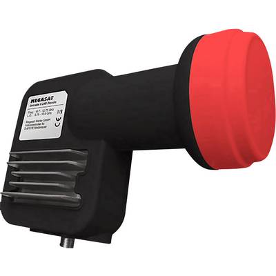 Ein Satelliten-LNB mit schwarzem Gehäuse und rotem vorderem Teil, markiert mit 'MEGASAT' und technischen Spezifikationen auf einem Etikett.