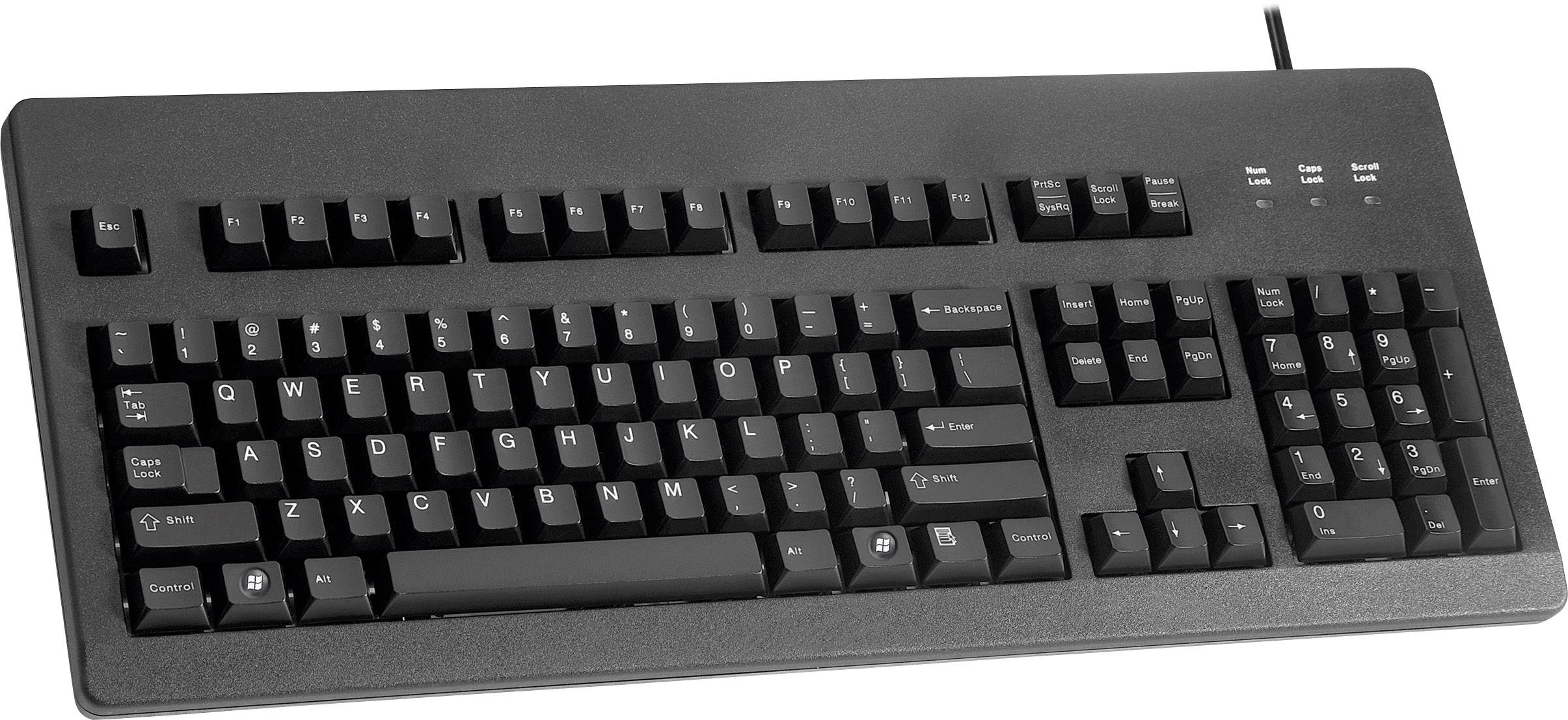 Schwarze Computer-Tastatur mit deutschem QWERTZ-Layout. Sie hat Funktionstasten, Pfeiltasten und einen Nummernblock rechts.