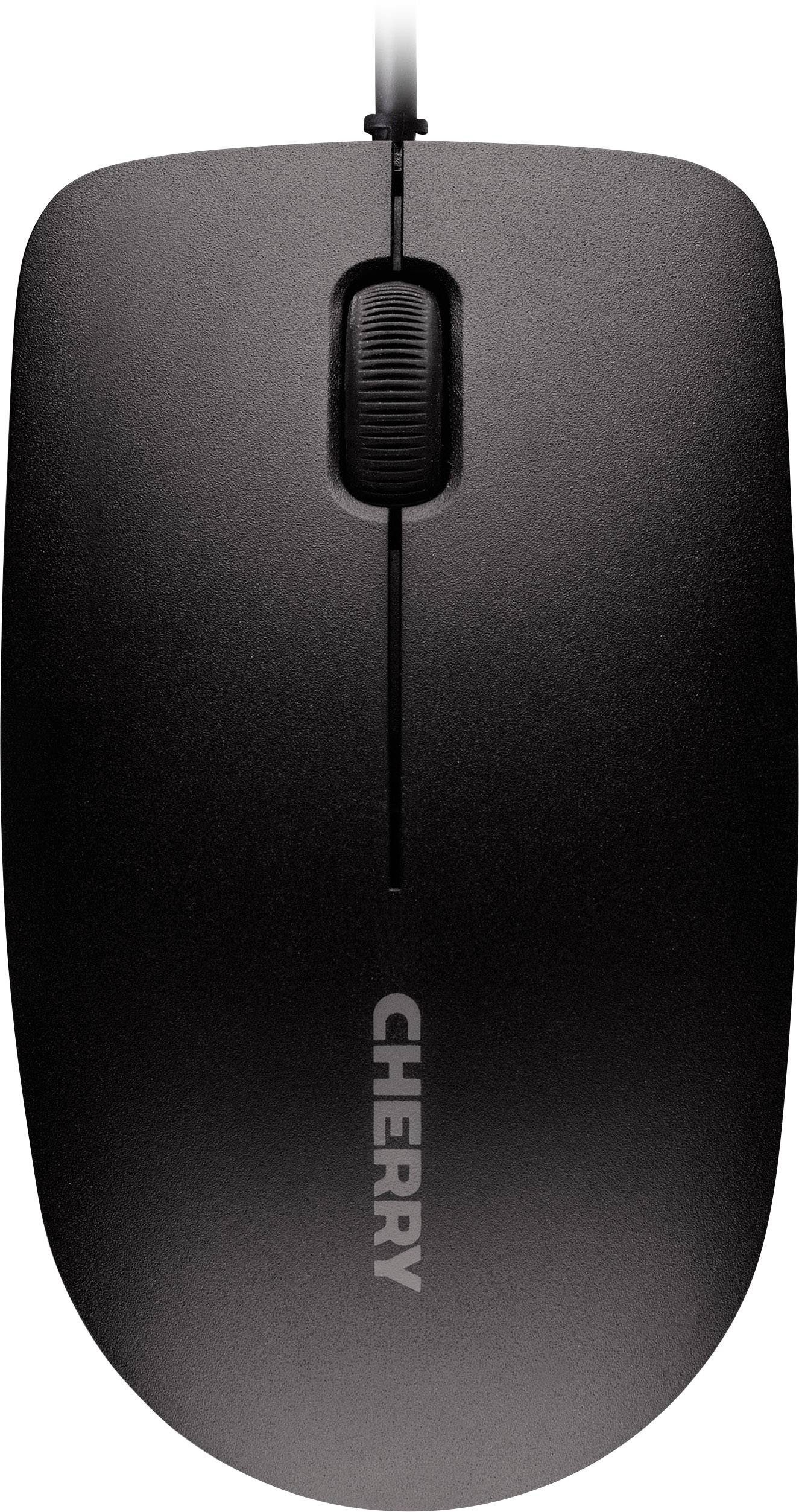 Schwarze Computermaus mit Scrollrad und Kabel, Markenname 'CHERRY' auf der Vorderseite sichtbar.