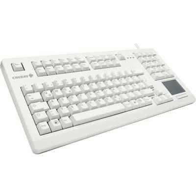 Weiße Computertastatur mit deutscher QWERTZ-Layout, Ziffernblock rechts, Marke 'Cherry', enthalten Trackpad rechts oben.