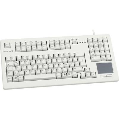 Eine weiße Computertastatur mit QWERTZ-Layout und integriertem Touchpad rechts. Markierung 'Cherry' links oben.