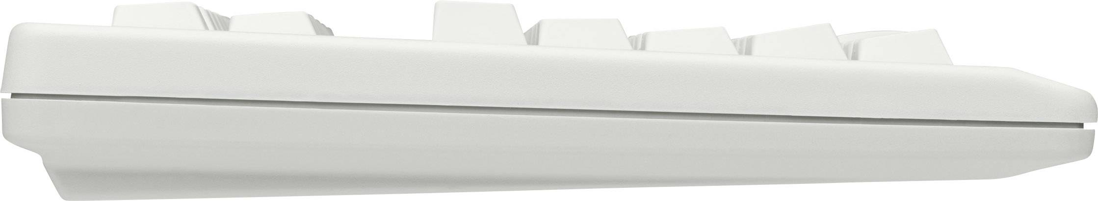 Seitliche Ansicht einer weißen Computertastatur mit erhöhten Tasten.