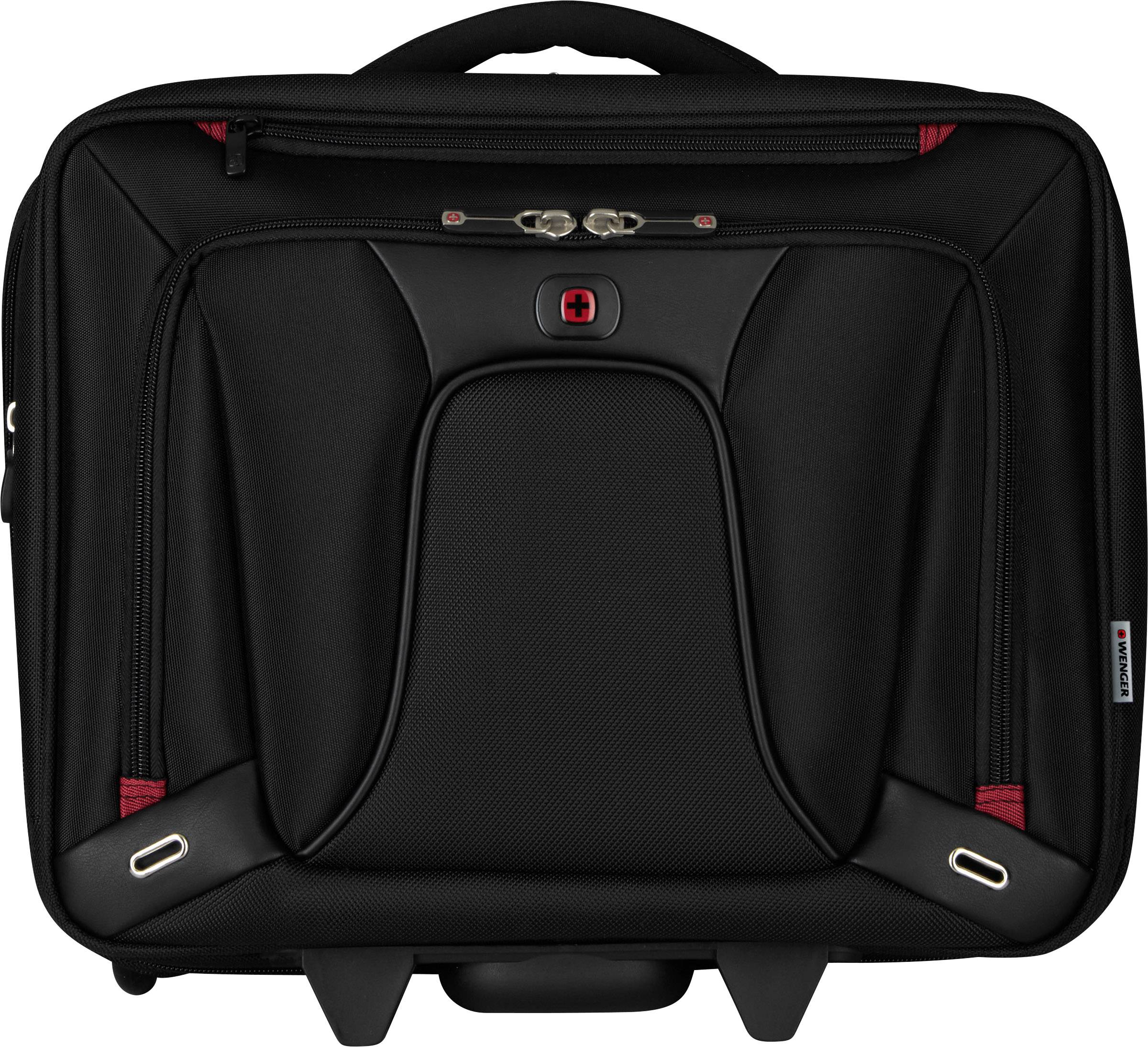 Schwarzer Trolley-Rucksack mit roten Akzenten und Logo auf der Vorderseite, robust und geräumig, geeignet für Reisen oder Arbeit.