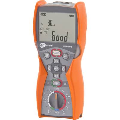 Ein oranges elektrisches Prüfgerät mit Display, zeigt '30mA' und 'Good' an. Tasten und Drehregler für verschiedene Einstellungen.
