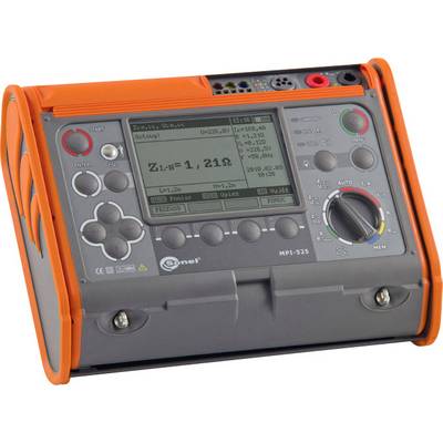 'Multifunktionsgerät zur elektrischen Messung, Modell MPI-525, dargestellt im eingeschalteten Zustand mit Bildschirmanzeigen.'