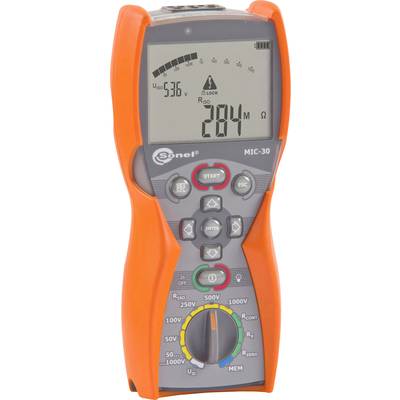 Ein digitales Multimeter zeigt 5,36 Volt und 284 Ohm auf dem Display an. Es hat orange Seiten mit grauem Mittelteil und mehrere Tasten.