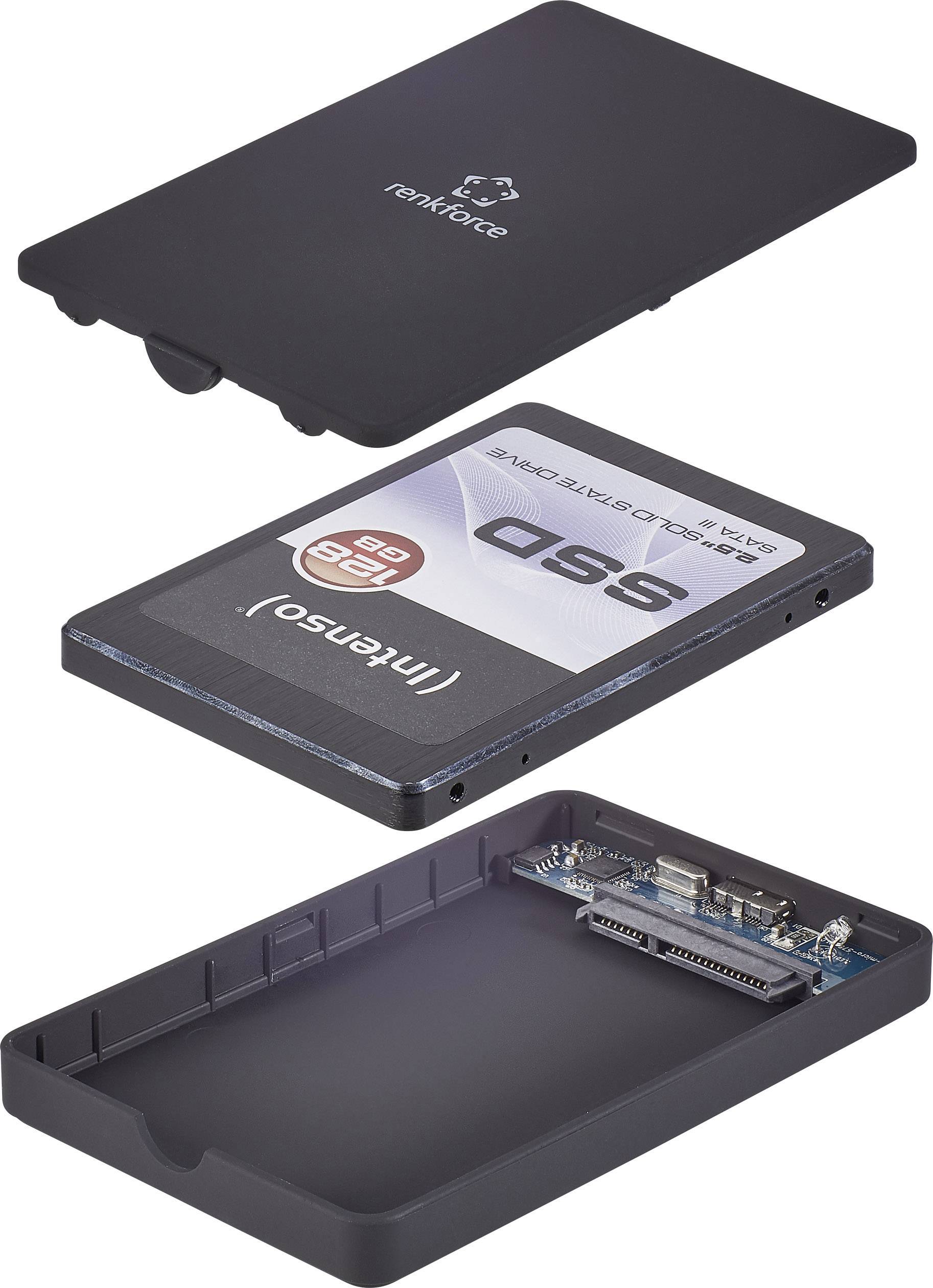 Die Abbildung zeigt eine geöffnete externe Festplattenhülle mit einer 128 GB SSD. Die Einzelteile bestehen aus dem Gehäuse und der SSD.