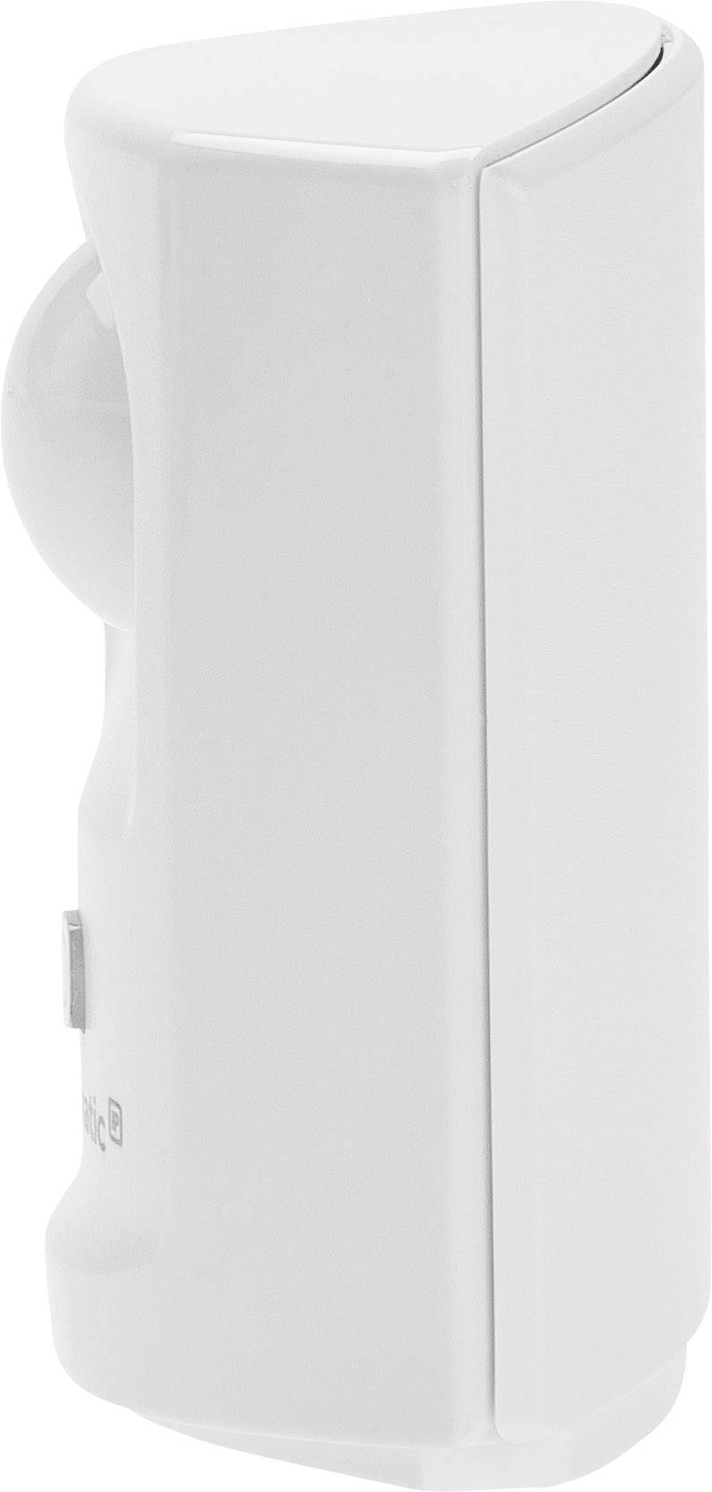 Ein weißer, wandmontierter Bewegungsmelder mit einem abgerundeten, modernen Design.