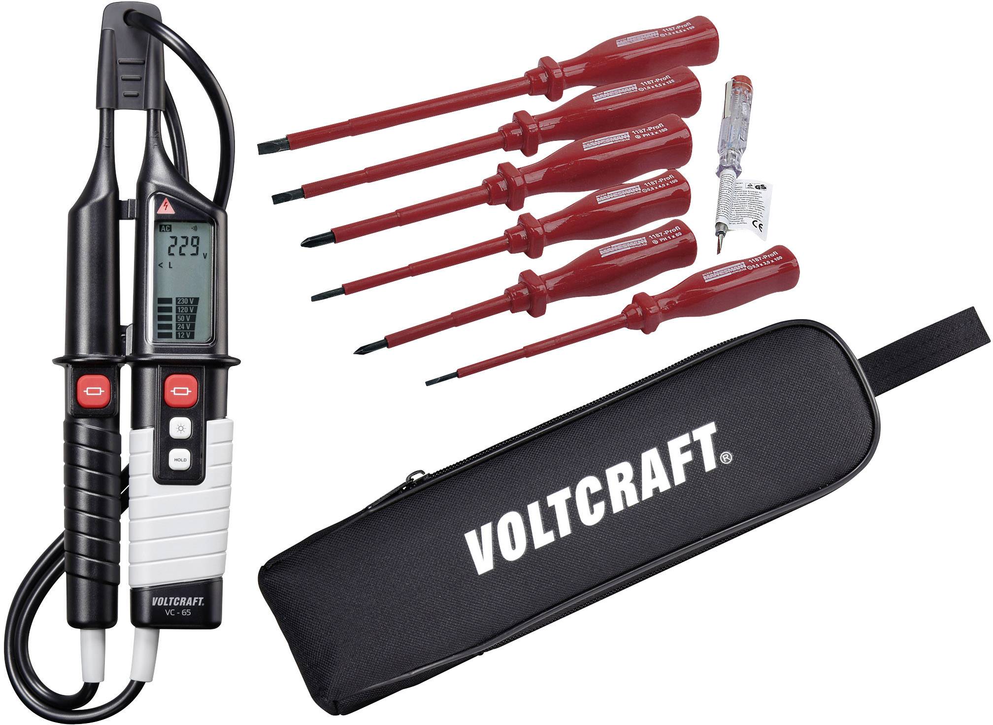 VOLTCRAFT VC 65 Zweipoliger Spannungsprüfer, 12 - 1000 V AC/12 - 1200 V DC LED/LCD/Summer/Vibratio