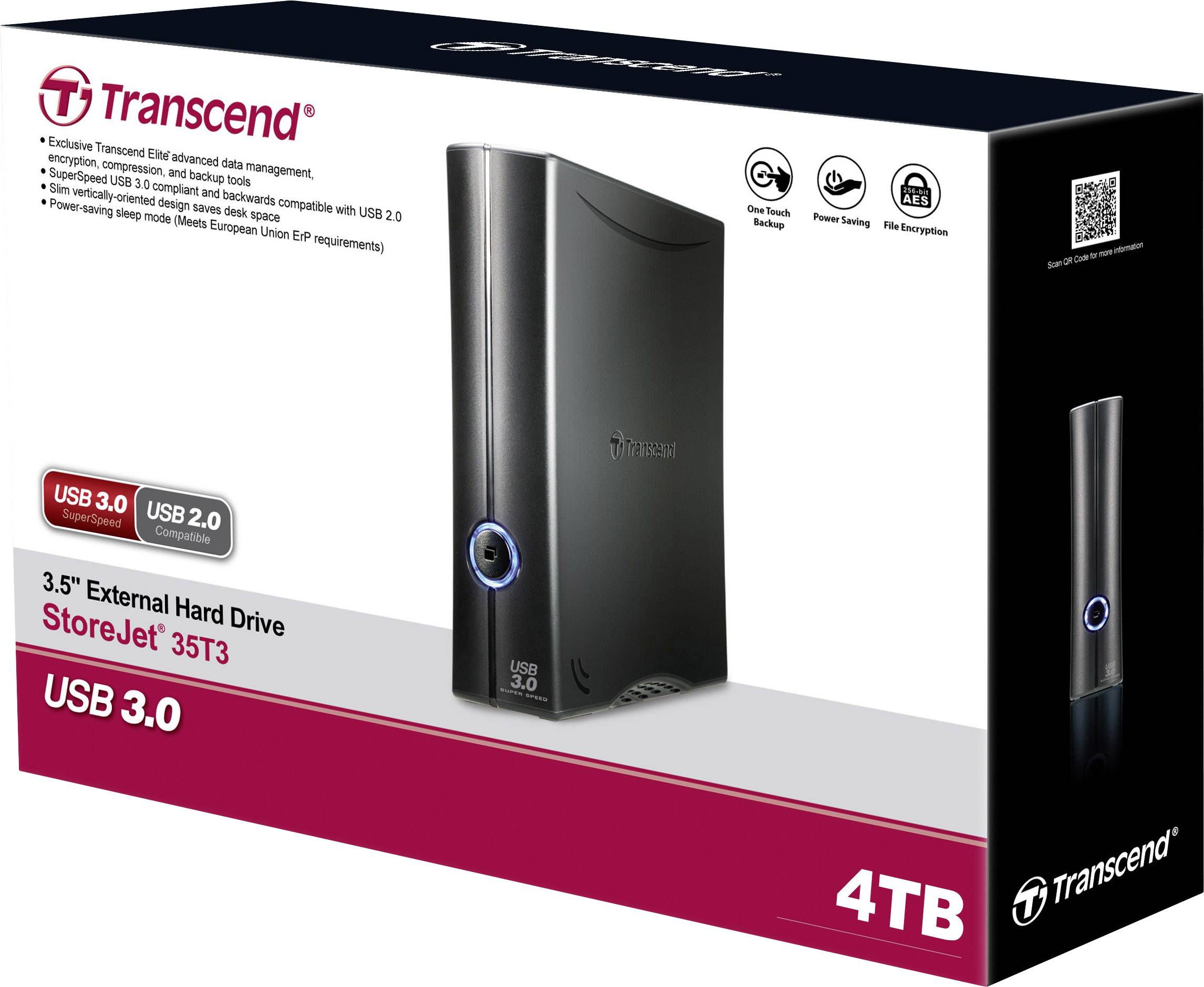 Schwarze externe Festplatte von Transcend, Modell 'StoreJet 35T3', mit 4 TB Speicherplatz. Verpackung betont USB 3.0 Kompatibilität.