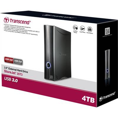 Schwarze externe Festplatte von Transcend, Modell 'StoreJet 35T3', mit 4 TB Speicherplatz. Verpackung betont USB 3.0 Kompatibilität.