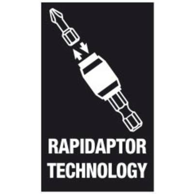 'RAPIDAPTOR TECHNOLOGY' auf schwarzem Hintergrund mit Abbildung eines Schnellwechsel-Bit-Halters im weißen Umriss.