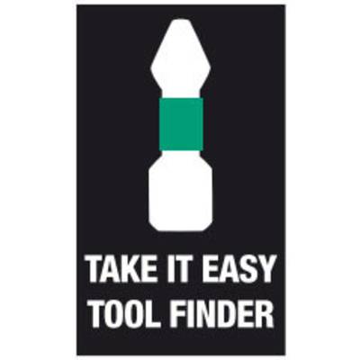 Weiße Silhouette eines Werkzeugs auf schwarzem Hintergrund mit grünem Abschnitt in der Mitte. Text darunter: 'TAKE IT EASY TOOL FINDER'.