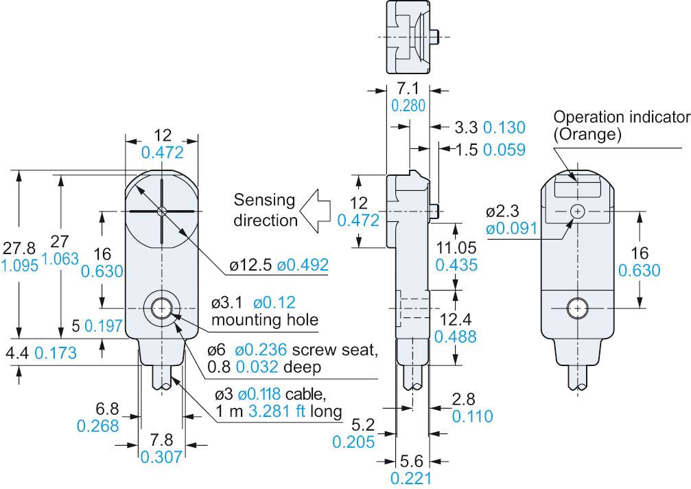 Technische Zeichnung eines Sensors mit Maßen, Montagehinweisen und Funktionsbeschreibung. Der Sensor verfügt über ein orangefarbenes Betriebsanzeige.