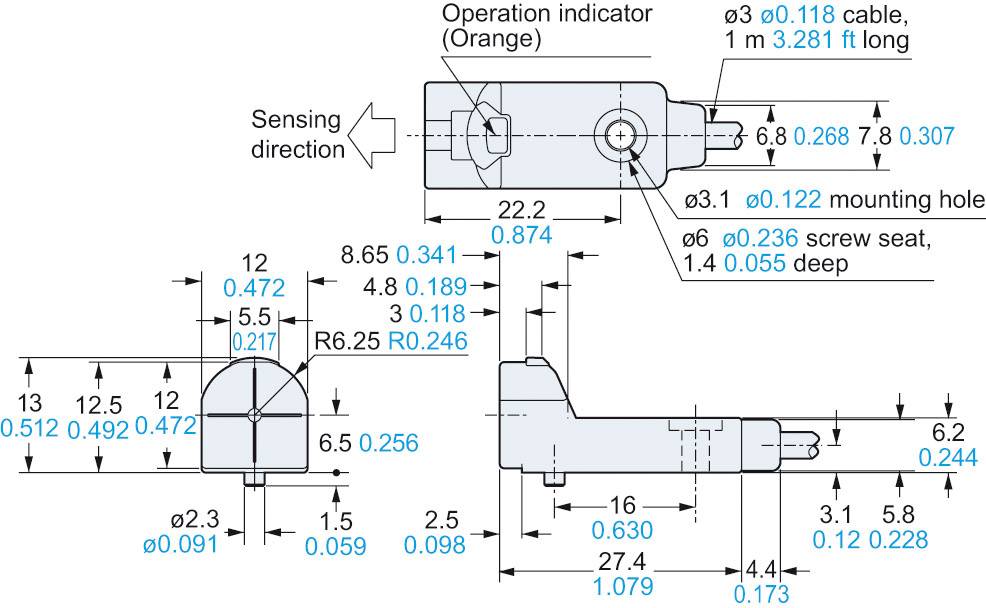 Technische Zeichnung eines Sensors mit Abmessungen in Zoll. Zeigt die Richtungen, Montagelöcher und Anschlüsse. Draufsicht und Seitenansicht enthalten.