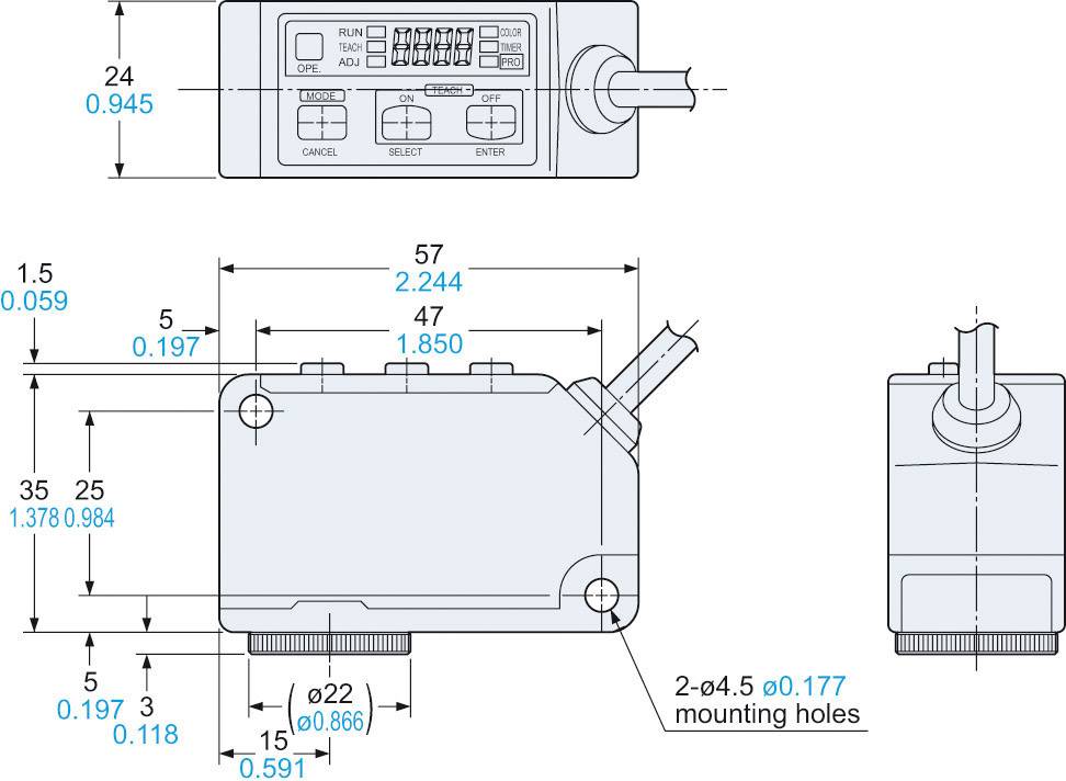 Technische Zeichnung eines Sensors mit Abmessungen in Millimetern. Oben: Vorderansicht mit Bedienelementen. Mitte: Seitenansicht mit Kabel. Rechts: Ansicht von vorne.