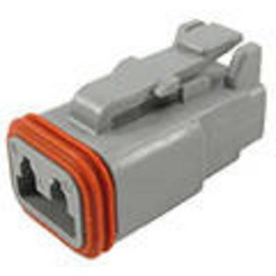 Grauer, rechteckiger Kunststoffstecker mit orangefarbenem Dichtungsring. Eignet sich für den Anschluss elektrischer Kabel.