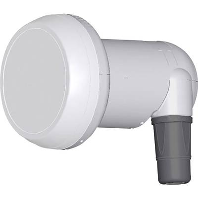 Weißes, zylinderförmiges LNB mit grauem Anschluss, verwendet für Satellitenantennen zur Verbesserung des Empfangs von TV-Signalen.