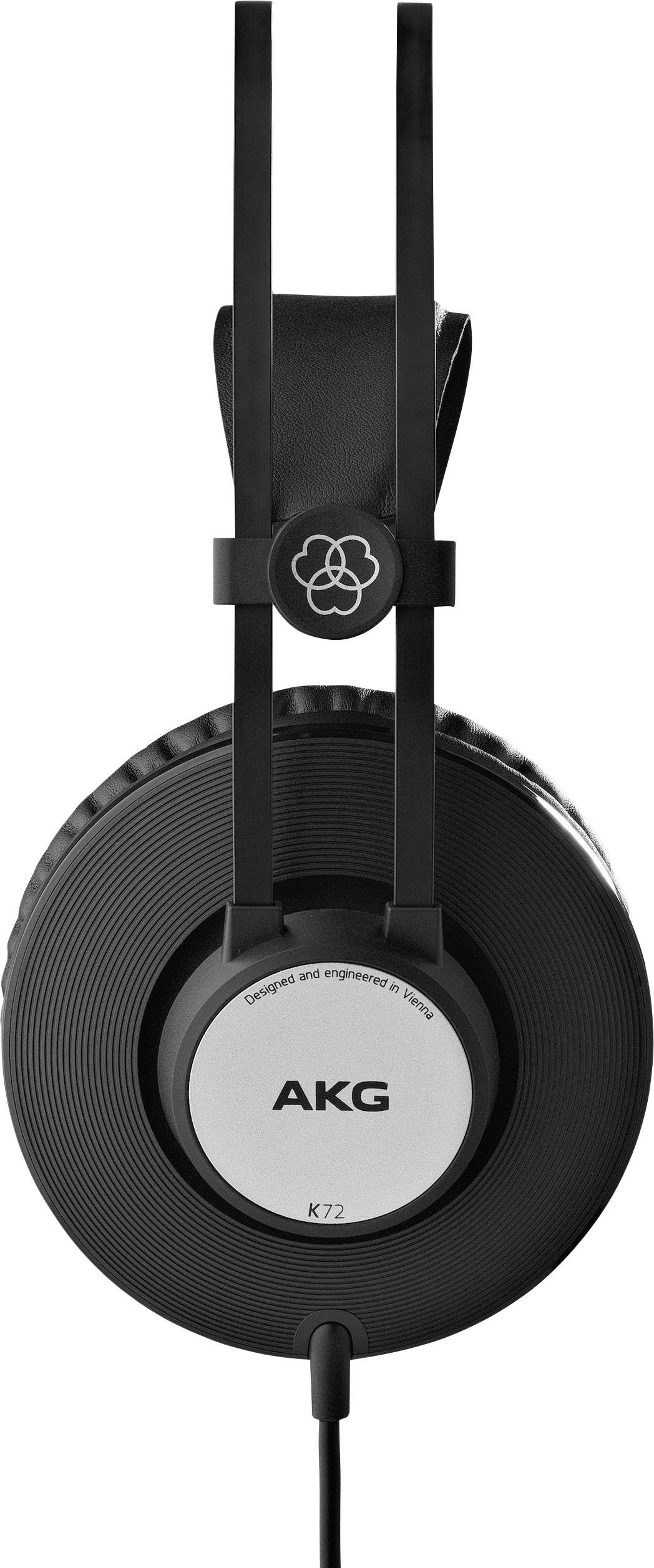 Schwarzer Over-Ear-Kopfhörer von AKG, Modell K72, seitliche Ansicht. Zeigt das Ohrpolster und das verstellbare Kopfband.